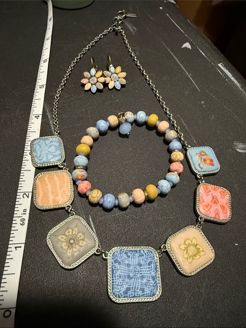 Jilzarah Multicolor Floral Tile Necklace, Bracelet & Earrings Set